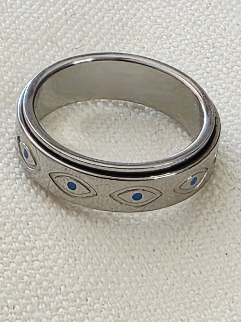 Silver Evil Eye Fidget Band Ring with Blue Accents Spinner 7.75